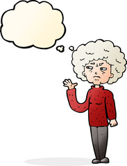 cartoon annoyed old woman waving with thought bubble