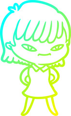 cold gradient line drawing of a cartoon woman