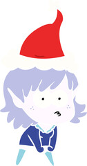 hand drawn flat color illustration of a elf girl staring and crouching wearing santa hat