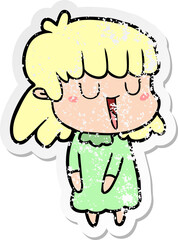 distressed sticker of a cartoon woman laughing