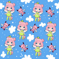 Cute cartoon funny dragons, cloud and little anime princess seamless pattern. Kawaii style. Vector illustration print for children t-shirt