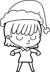 hand drawn line drawing of a woman wearing santa hat