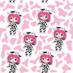 Cute cartoon anime girl with pink hair in cow costume on a white background seamless pattern. Vector illustration print for children t-shirt