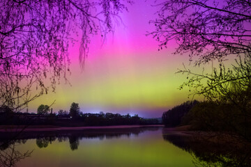 Multicolored night sky during the aurora borealis. A natural phenomenon. Night photography of the starry sky