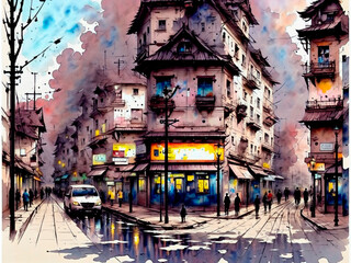 Obraz premium street, wet-on-wet technique, ink watercolor sketch, ink splatter,generative AI