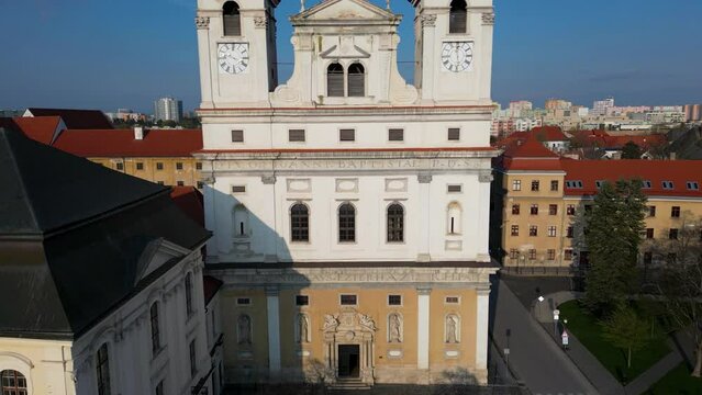 Drone is taking off near Trnava St John the Baptist Cathedral, landmark, 4k