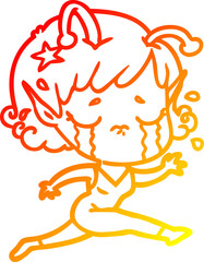 warm gradient line drawing of a cartoon crying alien girl