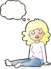 cartoon happy woman sitting on floor with thought bubble