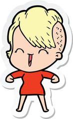 sticker of a cartoon happy hipster girl