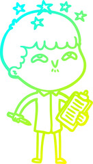 cold gradient line drawing of a cartoon amazed boy