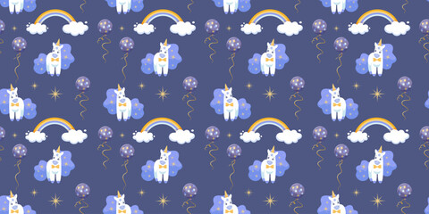It's a boy vector print. Blue, violet and yellow set with unicorn, rainbow, helium ballons and stars. Baby shower vector pattern for fabric, textile, wrapping paper, cards ets. Newborn illustration. 