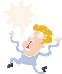 cartoon terrified man with speech bubble in retro style