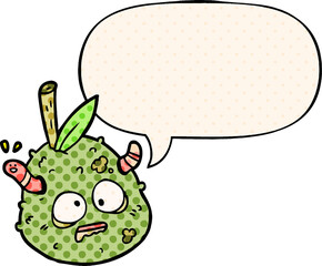 cartoon rotting old pear with worm with speech bubble in comic book style