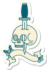tattoo style sticker with banner of a skull