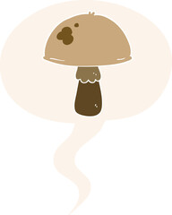 cartoon mushroom with speech bubble in retro style