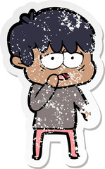 distressed sticker of a cartoon exhausted boy