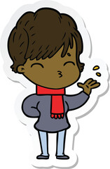 sticker of a cartoon woman thinking