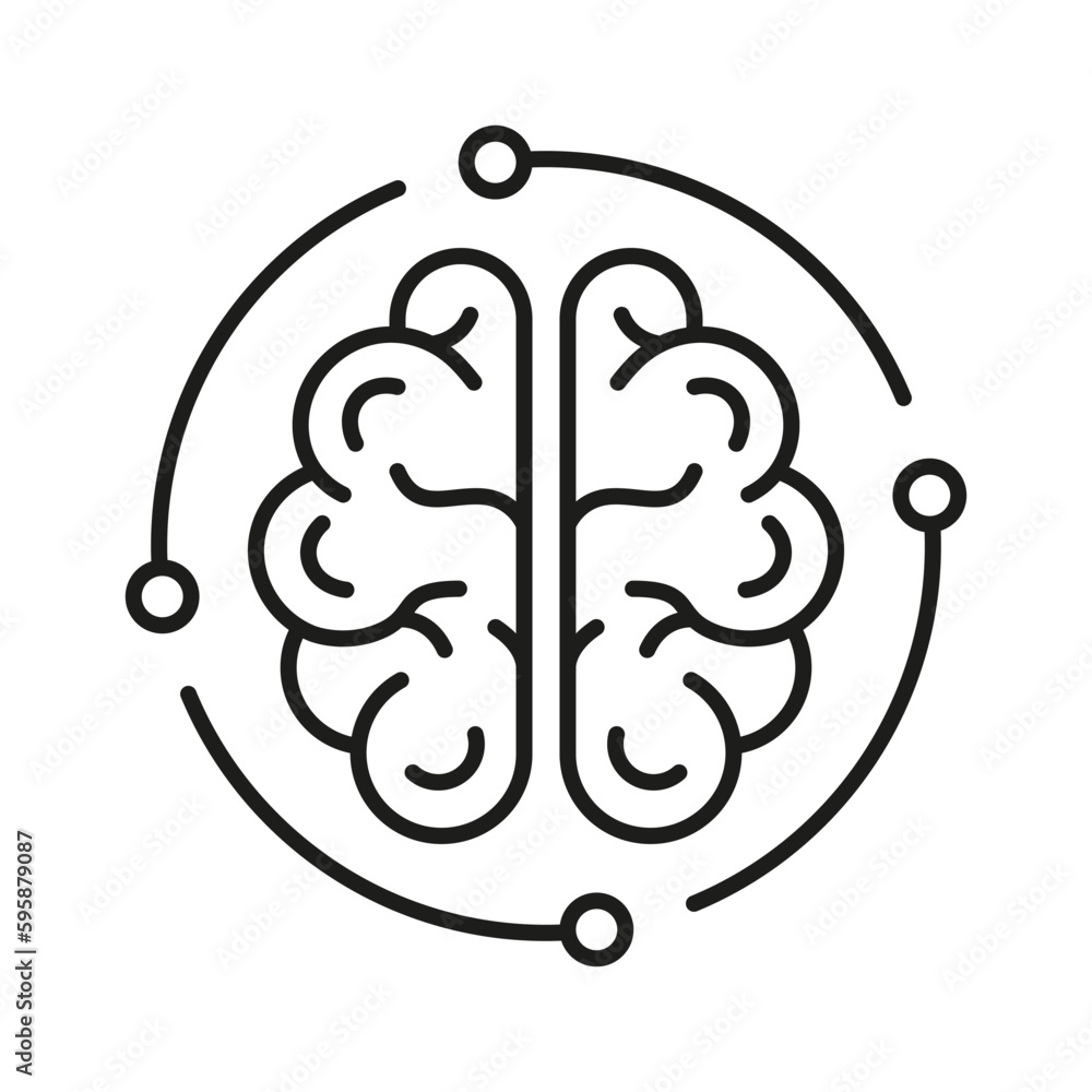 Poster human brain and digital technology black line icon. tech science linear pictogram. neurology and art