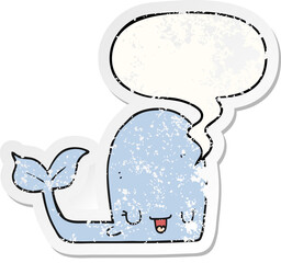 cartoon happy whale with speech bubble distressed distressed old sticker