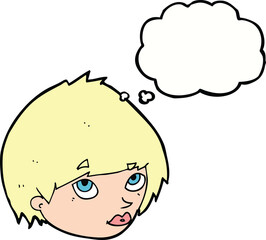 cartoon female face looking up with thought bubble