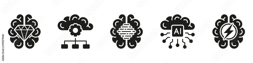 Poster artificial intelligence black glyph icon set. machine learning solid symbol collection on white back