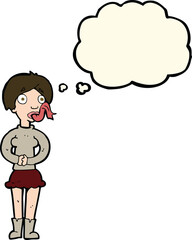cartoon woman with snake tongue with thought bubble