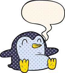 cartoon penguin with speech bubble in comic book style