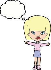 cartoon woman pointing with thought bubble