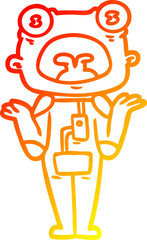 warm gradient line drawing of a cartoon weird alien shrugging shoulders