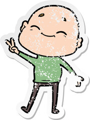 distressed sticker of a happy cartoon bald man