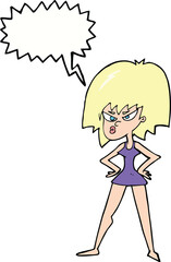 cartoon angry woman in dress with speech bubble