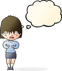 cartoon woman making Who Me? gesture with thought bubble