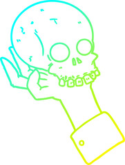 cold gradient line drawing of a cartoon hand holding skull