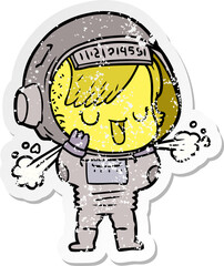 distressed sticker of a cartoon astronaut woman