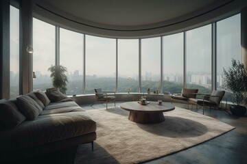 Scenic living space with a panorama window. Generative AI