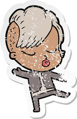 distressed sticker of a cartoon pretty hipster girl