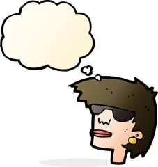 cartoon female face with glasses with thought bubble
