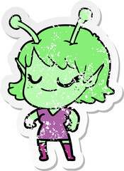 distressed sticker of a smiling alien girl cartoon