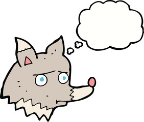 cartoon unhappy wolf with thought bubble