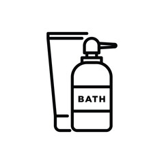Bath and shower treatments: glass bottle with dispenser and plastic tube. Shower gel, liquid soap. Thin line icon. Modern vector illustration for beauty shop.