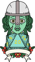 Retro Tattoo Style half orc fighter with natural twenty dice roll