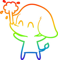 rainbow gradient line drawing of a cute cartoon elephant spouting water