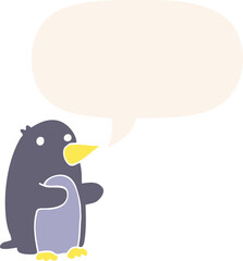cartoon penguin with speech bubble in retro style