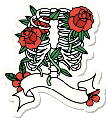 tattoo style sticker with banner of a rib cage and flowers