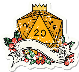 grunge sticker of a natural twenty D20 dice roll