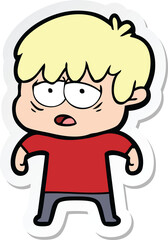sticker of a cartoon exhausted boy