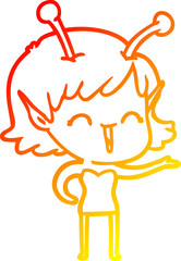 warm gradient line drawing of a cartoon alien girl laughing