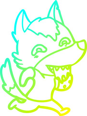 cold gradient line drawing of a cartoon hungry wolf