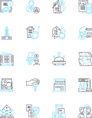 Market facility linear icons set. Hub, Bazaar, Mall, Plaza, Center, Arcade, Emporium line vector and concept signs. Mart,Square,Marketplace outline illustrations