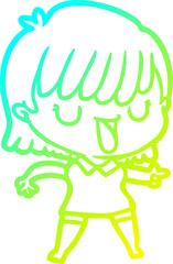cold gradient line drawing of a cartoon woman